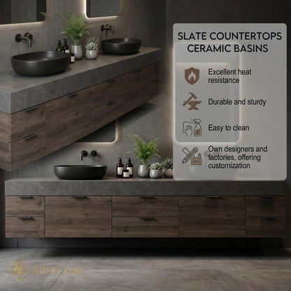 70''-96'' Double Bathroom Vanity with Sink Wood Modern Floating Stone Countertop Grain