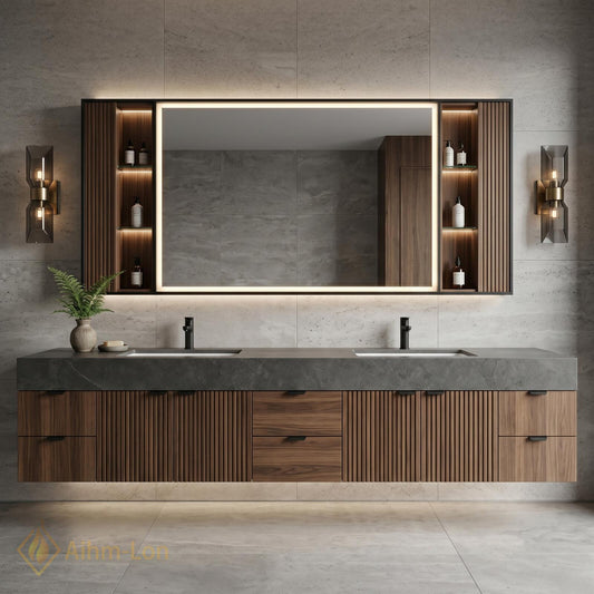 60''-96'' Double Bathroom Vanity with Sink Modern Slatted Dark Walnut Floating Finish