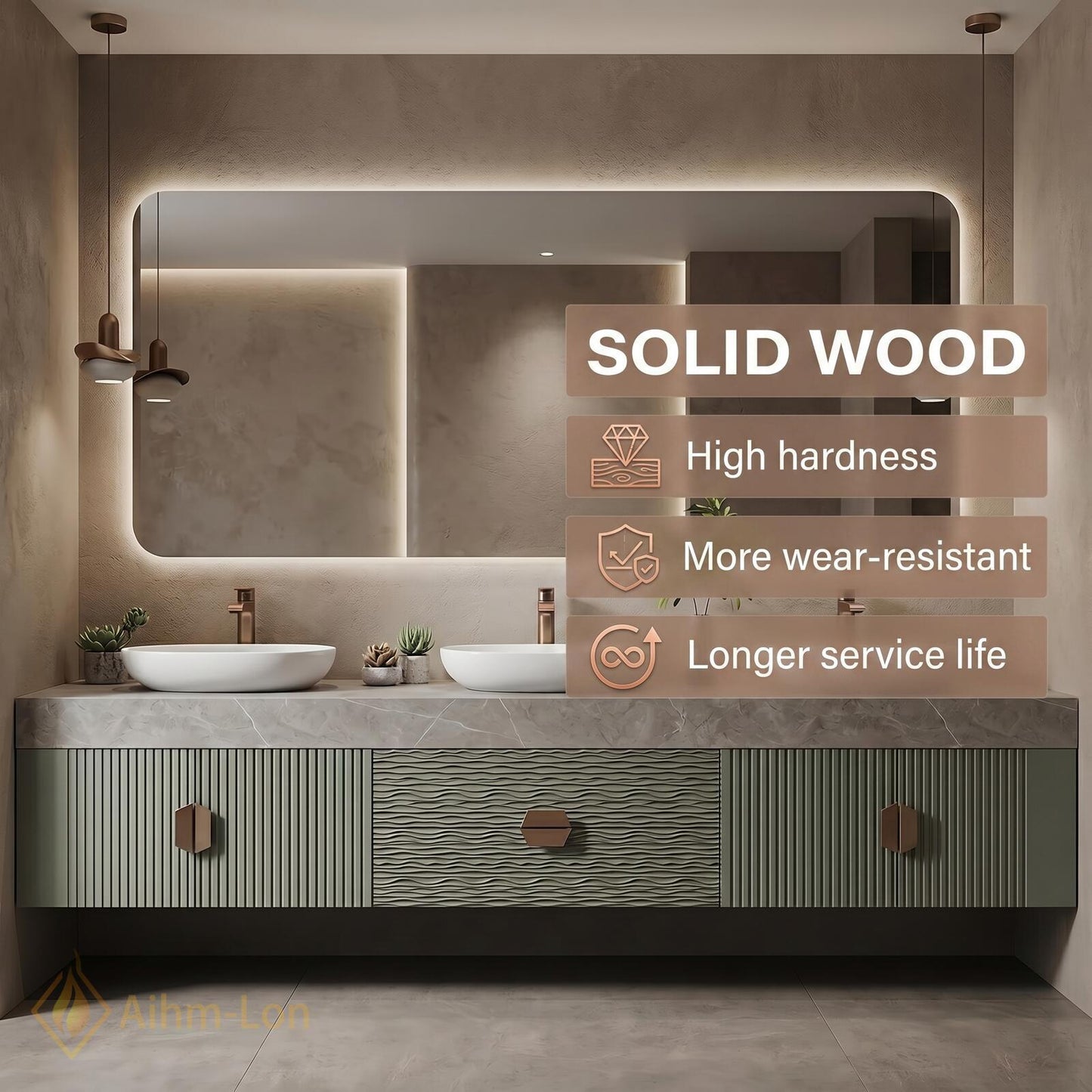 78''-96'' Triple Bathroom Vanity with Sink Sage-Green Floating Fluted Recessed Basin Panels