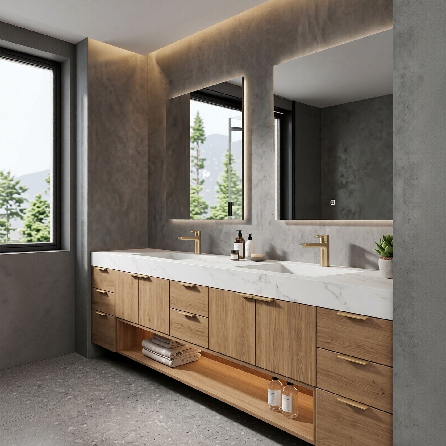 70''-96'' Modern Bathroom Vanity with Sink Wide Floating Base Solid Wood Cabinet
