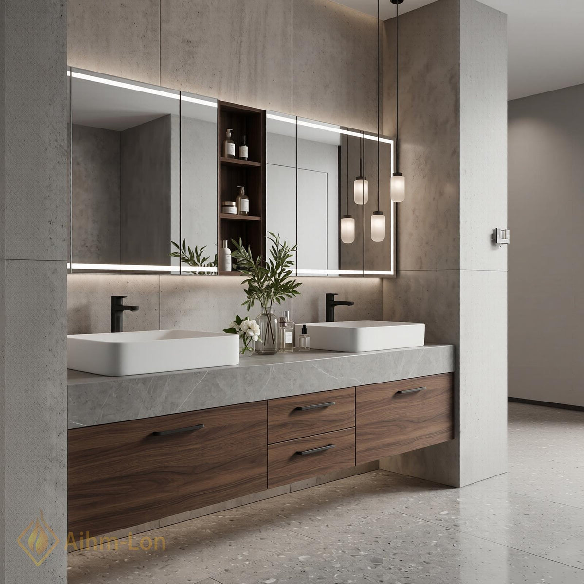 60''-96'' Double Bathroom Vanity with Sink Modern Floating Gray Stone Wood Cabinet
