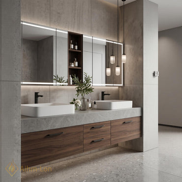 60''-96'' Double Bathroom Vanity with Sink Modern Floating Gray Stone Wood Cabinet