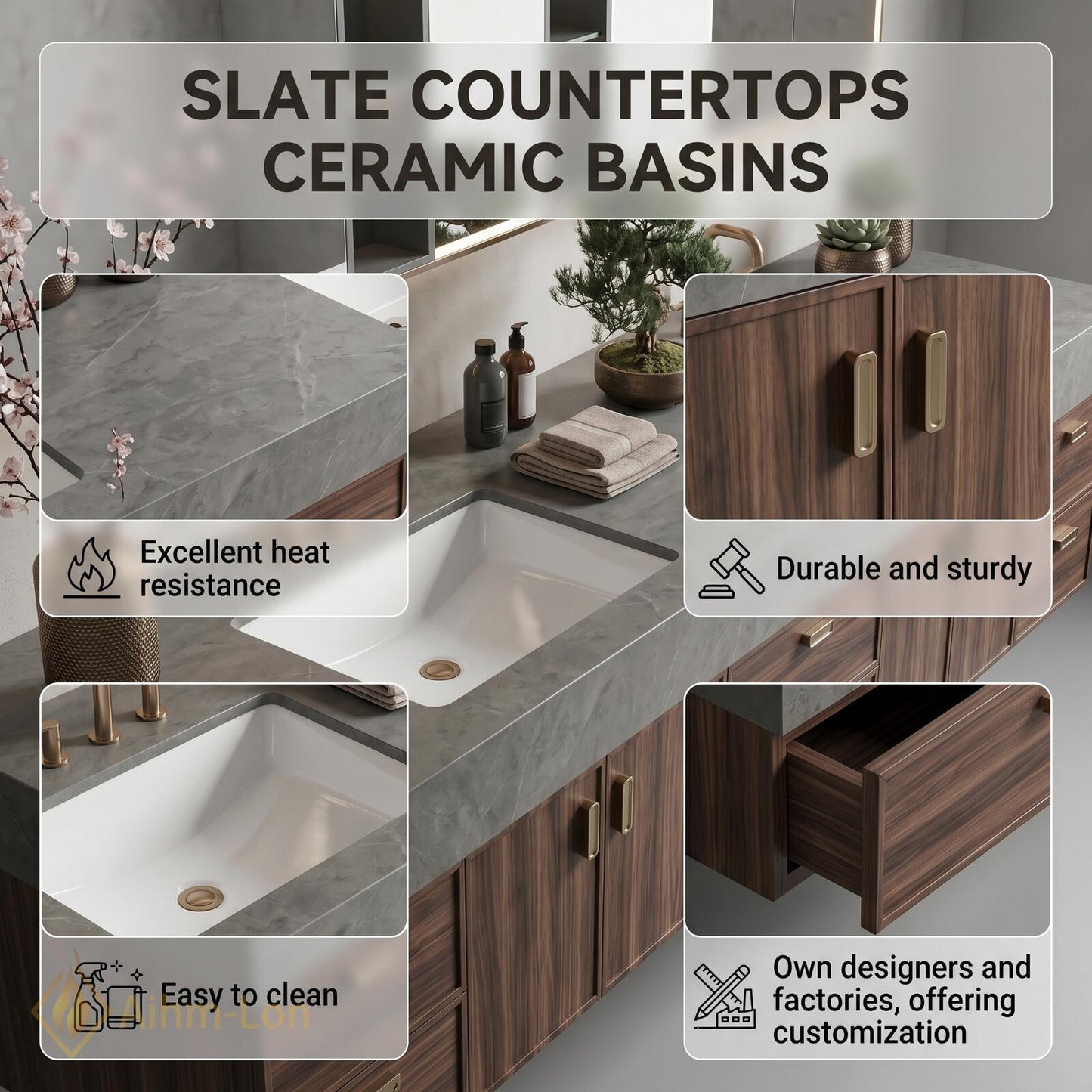 72''-96'' Double Bathroom Vanity with Sink Dark-Walnut Modern Floating Basin Stone