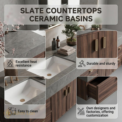 72''-96'' Double Bathroom Vanity with Sink Dark-Walnut Modern Floating Basin Stone