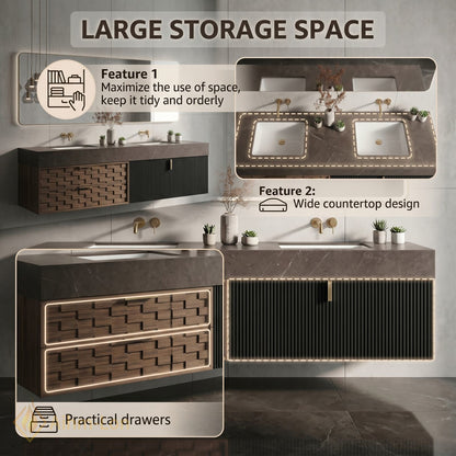 60''-96'' Double Bathroom Vanity with Sink Modern Geometric Drawers Dark Stone Veined