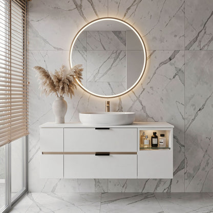 36''-64'' Modern Bathroom Vanity with Sink Floating White Anti-Fog Open Side Shelving