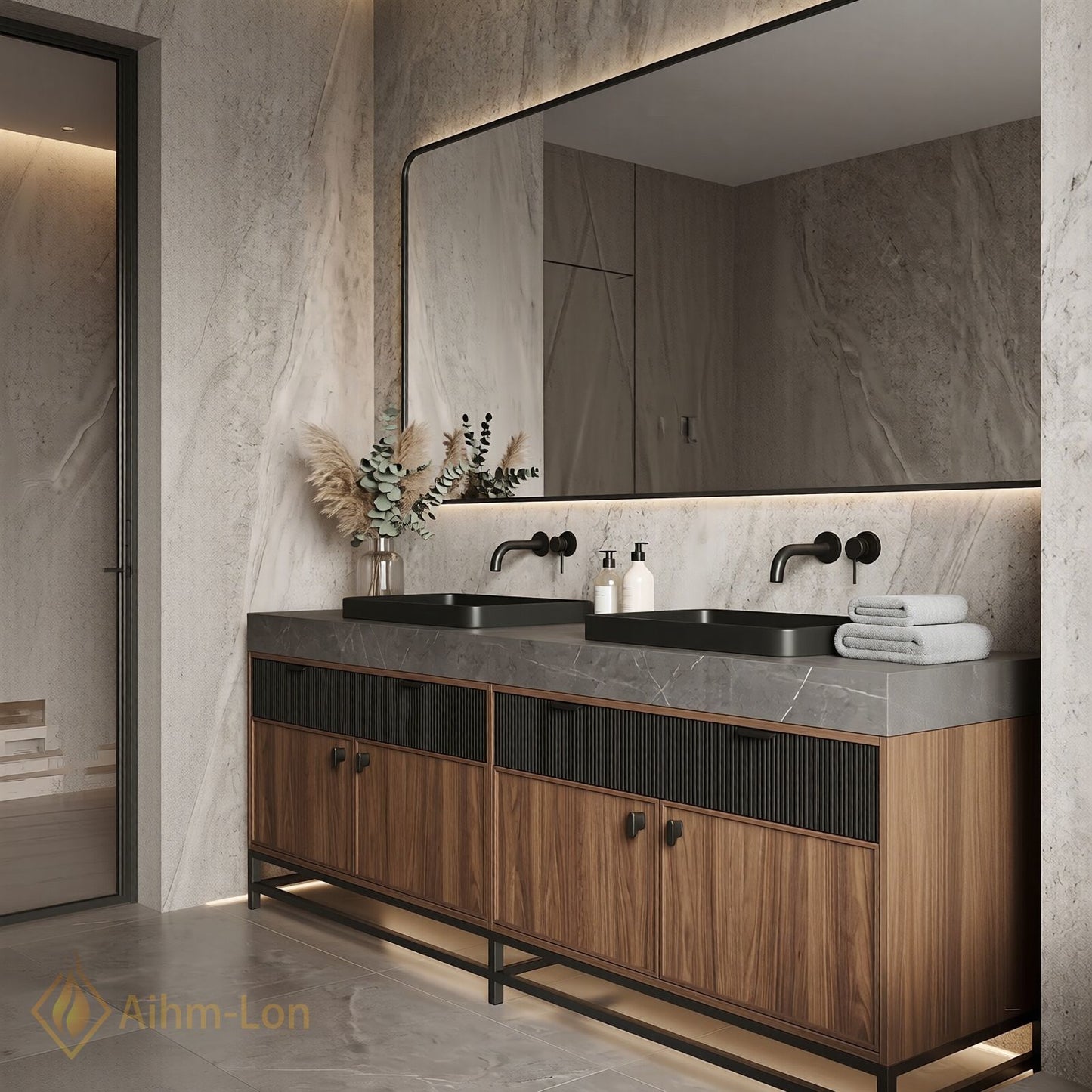 70''-96'' Double Bathroom Vanity with Sink Grey-Marble Grey Modern Wood-Grain Top Drawers