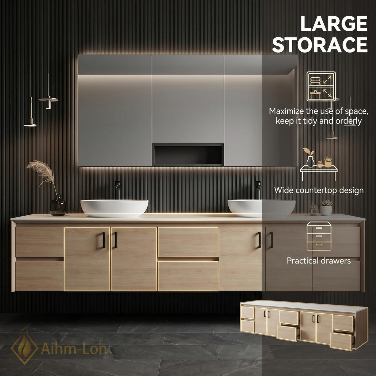 60''-96'' Double Bathroom Vanity with Sink Floating Solid Wood Veneer Mirror Storage