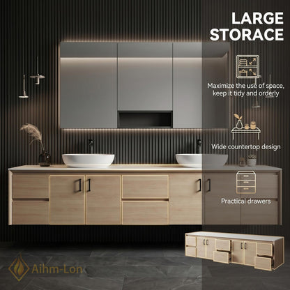 60''-96'' Double Bathroom Vanity with Sink Floating Solid Wood Veneer Mirror Storage