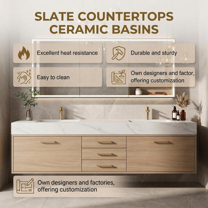 60''-96'' Modern Bathroom Vanity with Sink Double Sink Light Oak Finish Wide Countertop Cabinet