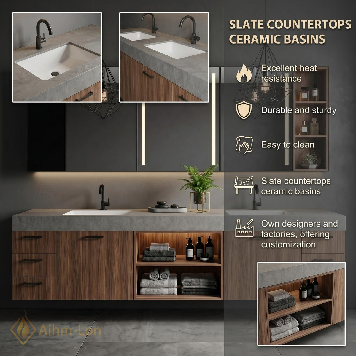 60''-96'' Double Bathroom Vanity with Sink Modern Floating Basin Walnut Finish Slatted