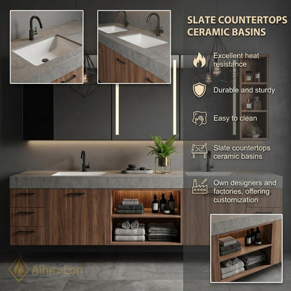 60''-96'' Double Bathroom Vanity with Sink Modern Floating Basin Walnut Finish Slatted