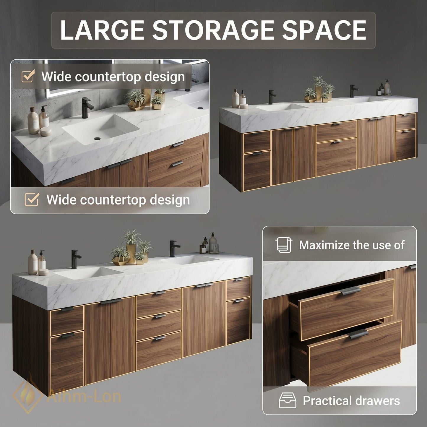 72''-96'' Double Bathroom Vanity with Sink Floating Storage Drawers Large Marble with