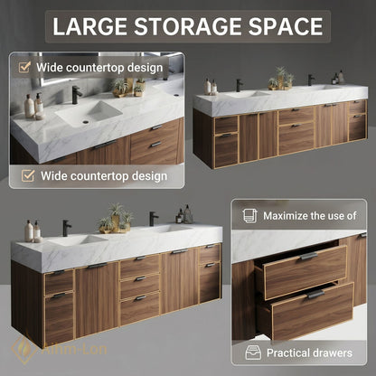 72''-96'' Double Bathroom Vanity with Sink Floating Storage Drawers Large Marble with