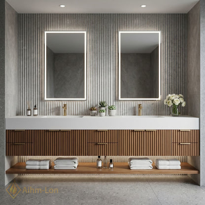 78''-96'' Double Bathroom Vanity with Sink Vertical Slatted Wood Doors Integrated Solid