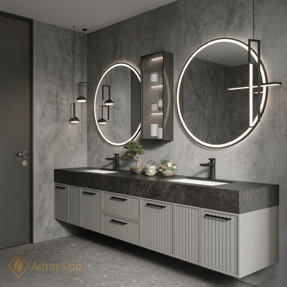 60''-96'' Bathroom Vanity with Sink Vertical Slatted Doors Slate Texture Top Floating