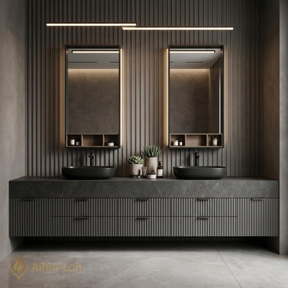 76''-96'' Modern Double Bathroom Vanity with Sink Dark Stone Slatted Front Panels