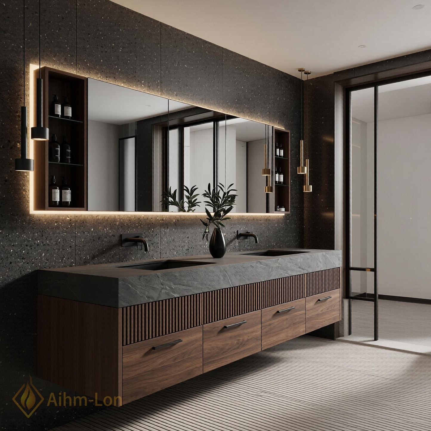 70''-96'' Double Bathroom Vanity with Sink Modern Floating Dark Stone Basins Top