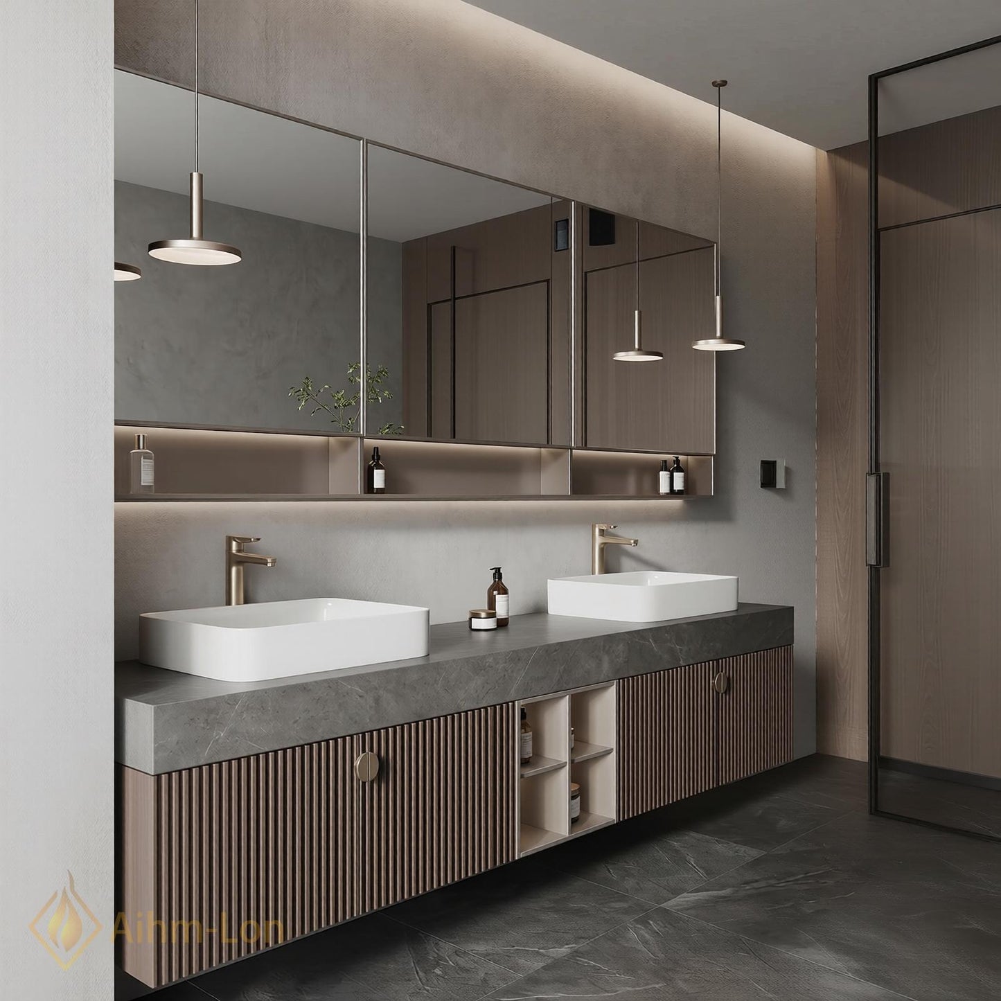 70''-96'' Modern Double Bathroom Vanity with Sink Floating Stone-Effect Vertical Slats Open