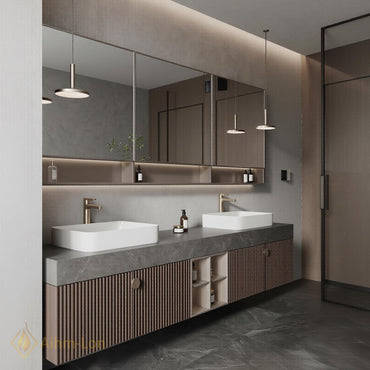 70''-96'' Modern Double Bathroom Vanity with Sink Floating Stone-Effect Vertical Slats Open