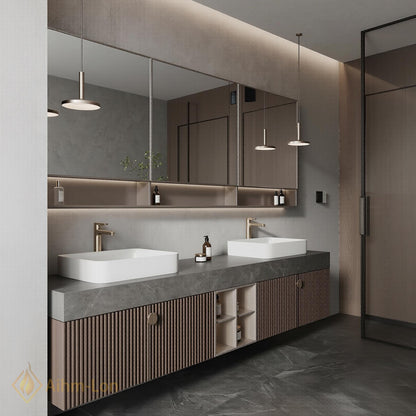 70''-96'' Modern Double Bathroom Vanity with Sink Floating Stone-Effect Vertical Slats Open