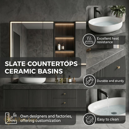 60''-96'' Modern Bathroom Vanity with Sink Floating Grey Slatted Stone Composite Drawers