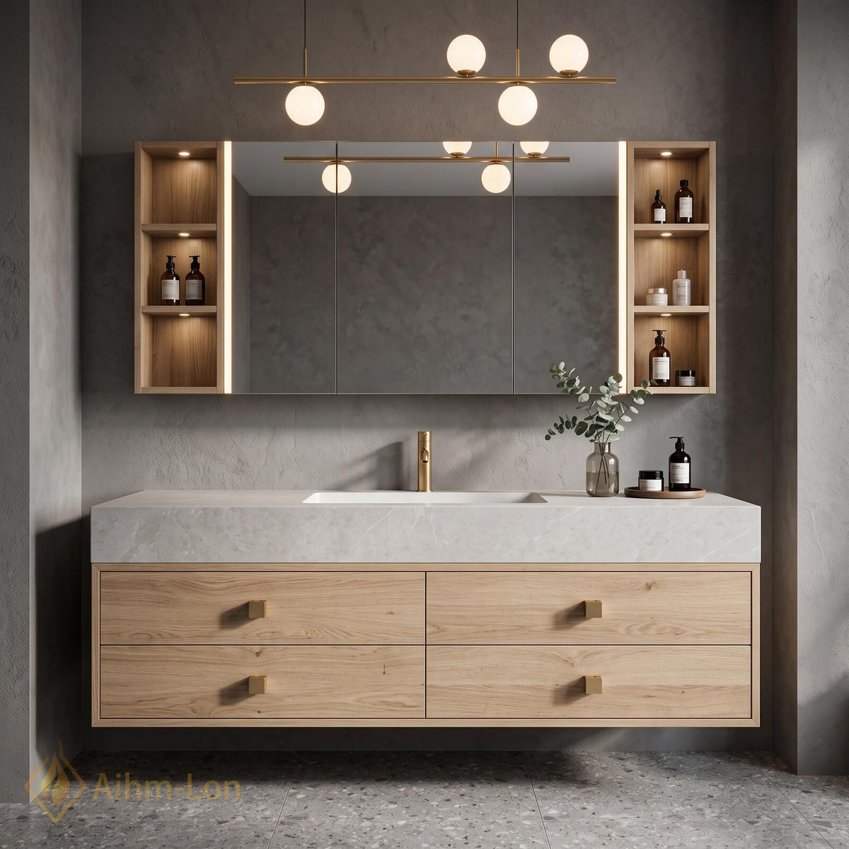 36''-110'' Floating Bathroom Vanity with Sink Wall-Mounted Design Light Wood Grain