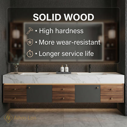 60''-96'' Double Bathroom Vanity with Sink White Marble Top Grey Panel Doors