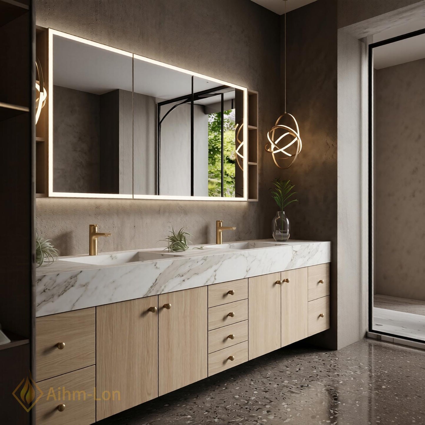 70''-96'' Double Bathroom Vanity with Sink Sleek Floating Warm Wood Finish Marble