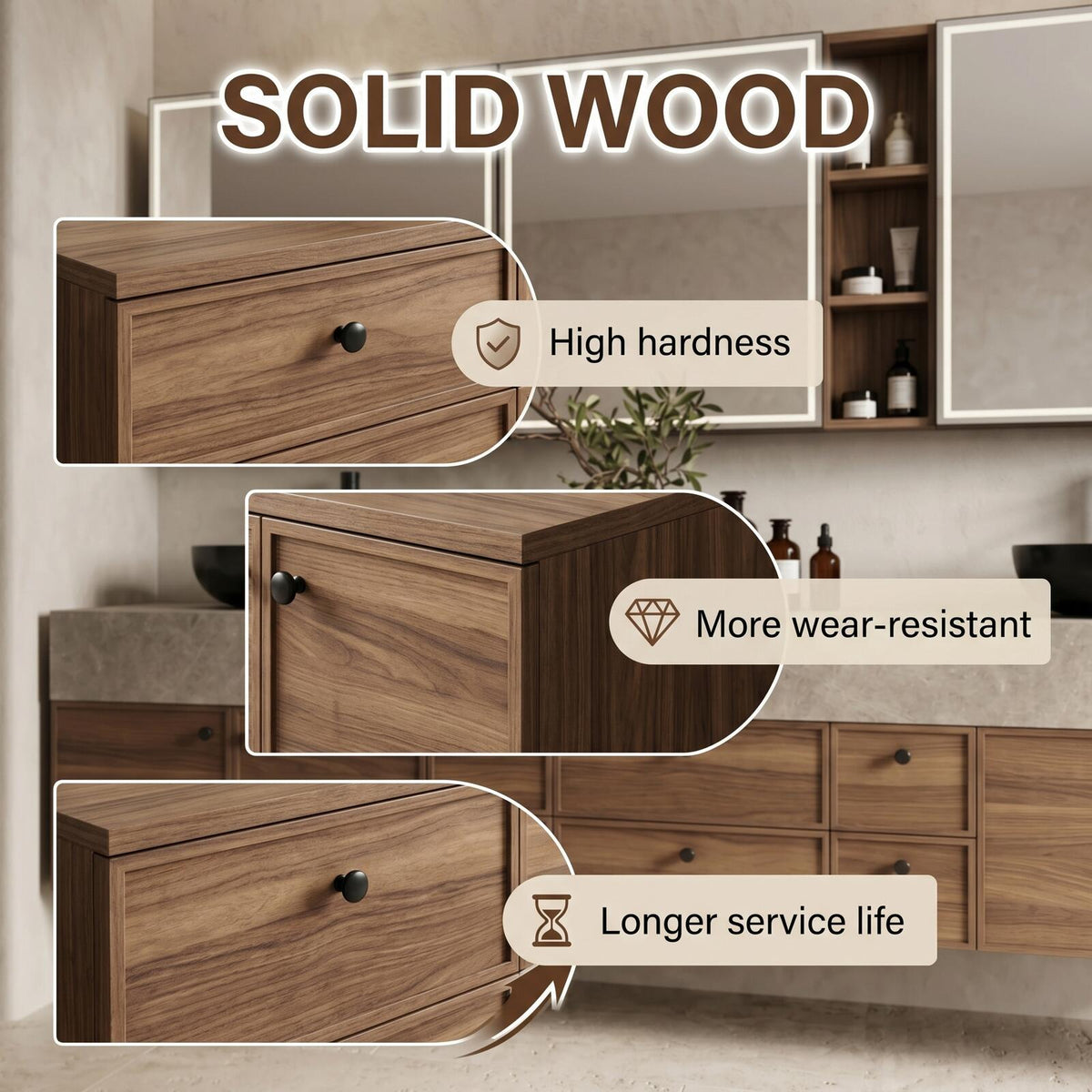 60''-96'' Double Bathroom Vanity with Sink Modern Floating Warm Wood Grain Spacious Storage