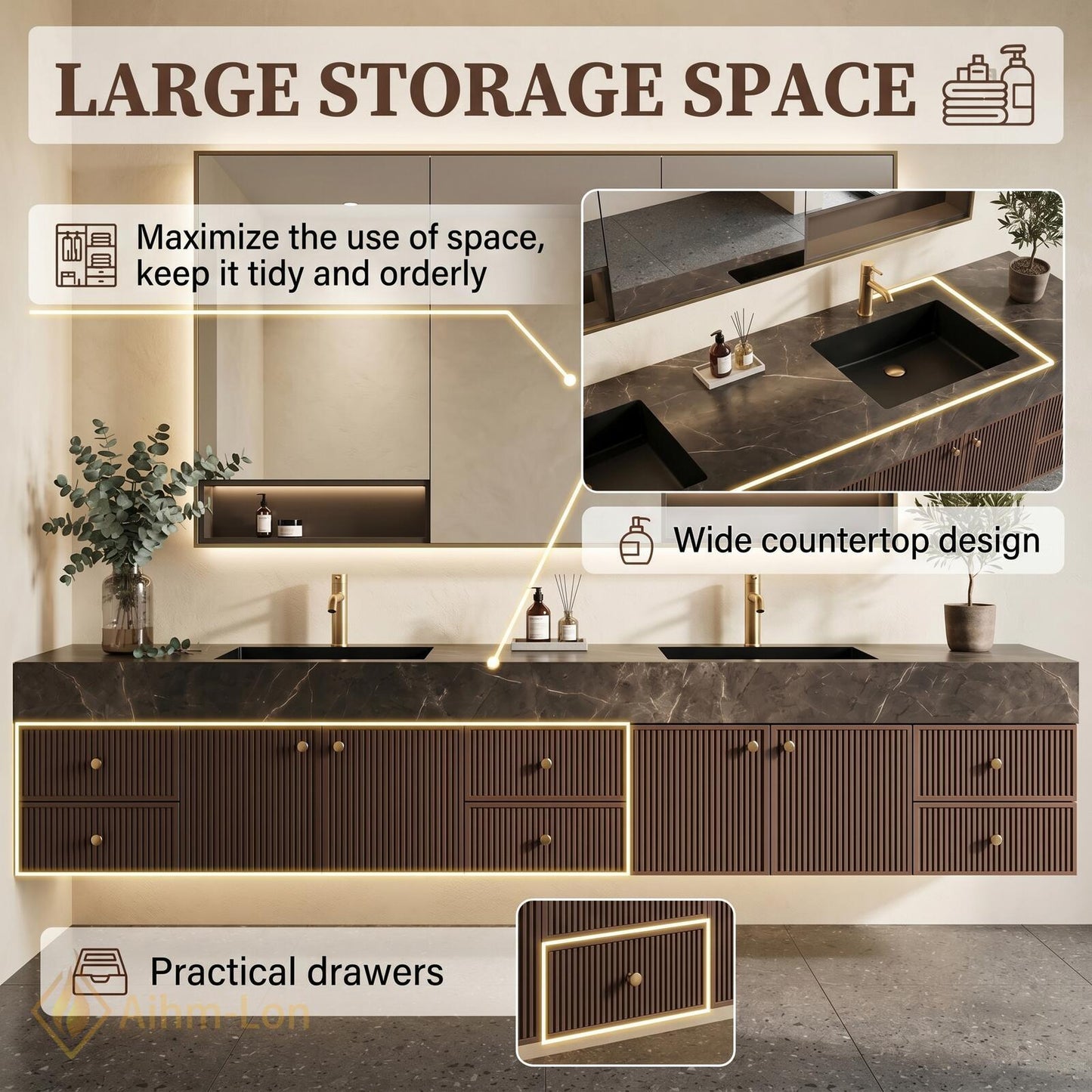 78''-96'' Modern Bathroom Vanity with Sink Floating Dark Stone Slatted Fluted Drawers