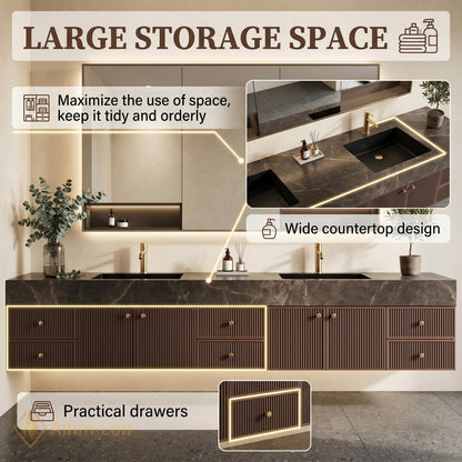 78''-96'' Modern Bathroom Vanity with Sink Floating Dark Stone Slatted Fluted Drawers