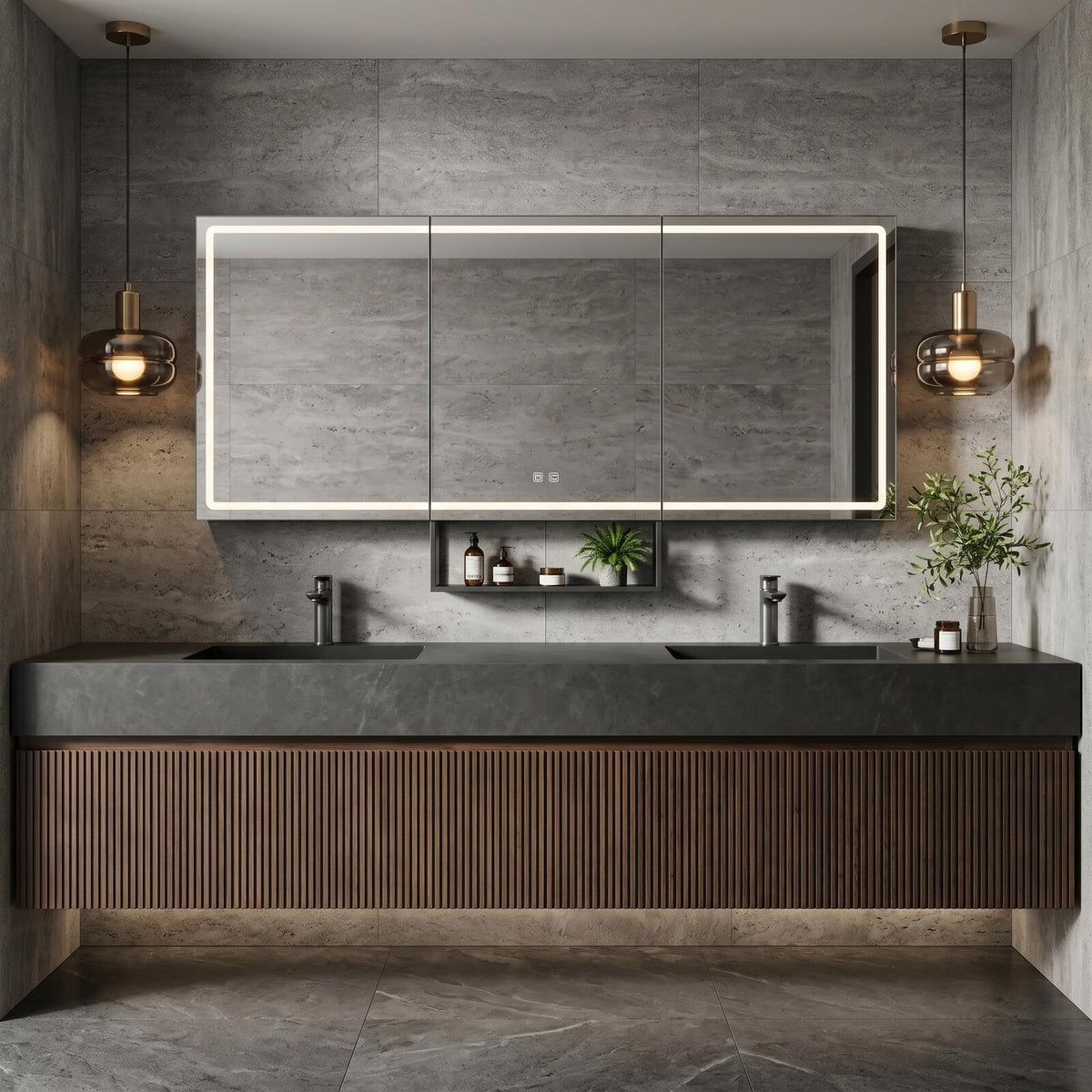 60''-96'' Double Bathroom Vanity with Sink Modern Floating Dark Stone Slatted Front Panel