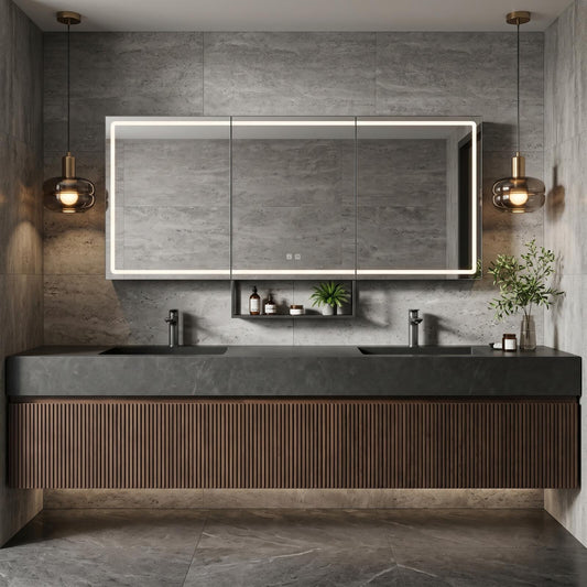 60''-96'' Double Bathroom Vanity with Sink Modern Floating Dark Stone Slatted Front Panel