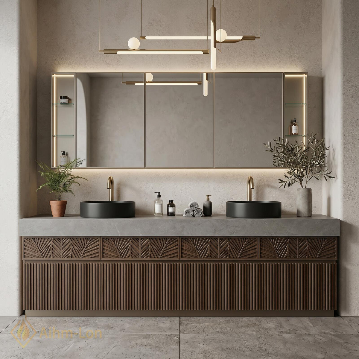 60''-96'' Double Bathroom Vanity with Sink Carved Leaf Drawers Dark Wood Rustic Tone