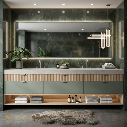 70''-96'' Double Bathroom Vanity with Sink Grey Modern Slatted Vertical Panels Slate