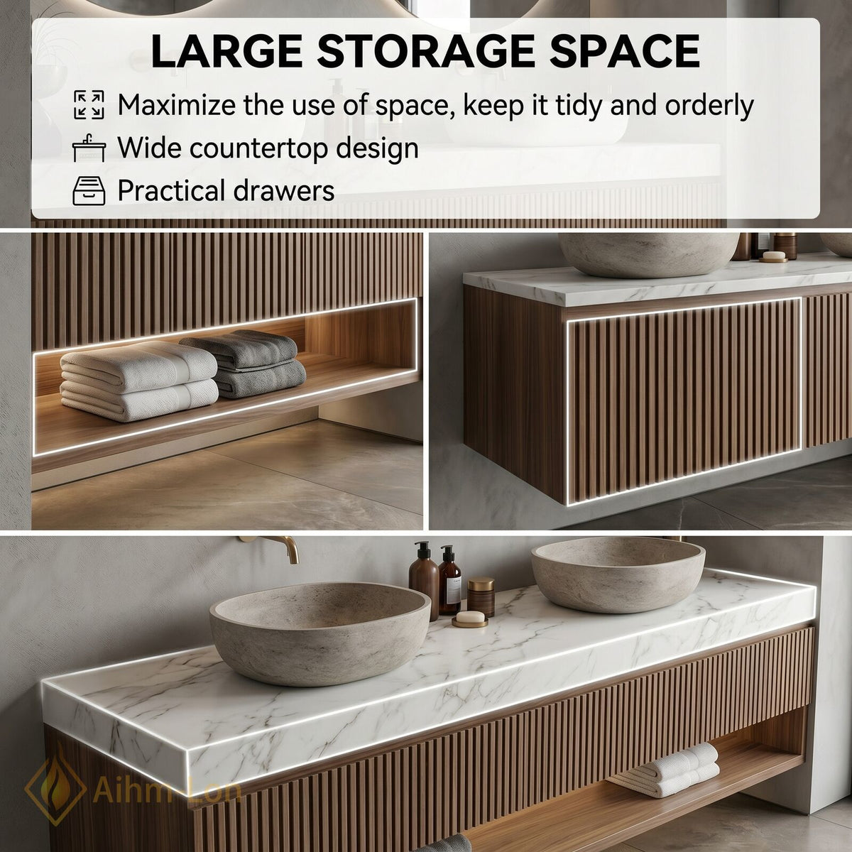 60''-96'' Double Bathroom Vanity with Sink Double Sinks Slatted Wood Panel Shelving