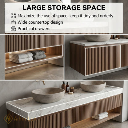 60''-96'' Double Bathroom Vanity with Sink Double Sinks Slatted Wood Panel Shelving