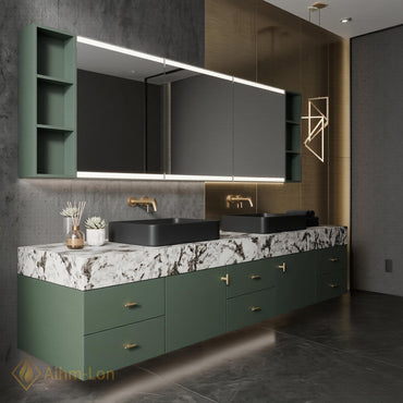 60''-96'' Double Bathroom Vanity with Sink Dark Green Finish White Marble-Style Top