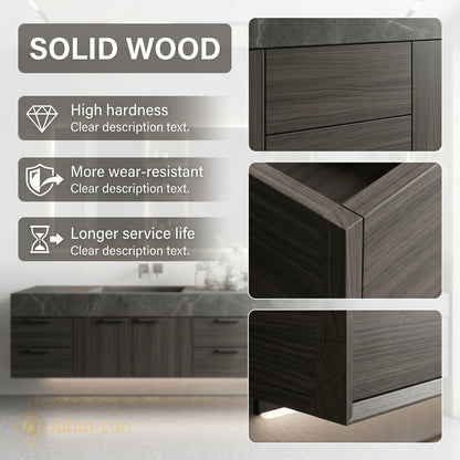 78''-96'' Double Bathroom Vanity with Sink Grey-Marble Grey Floating Wood-Grain Frame Dark