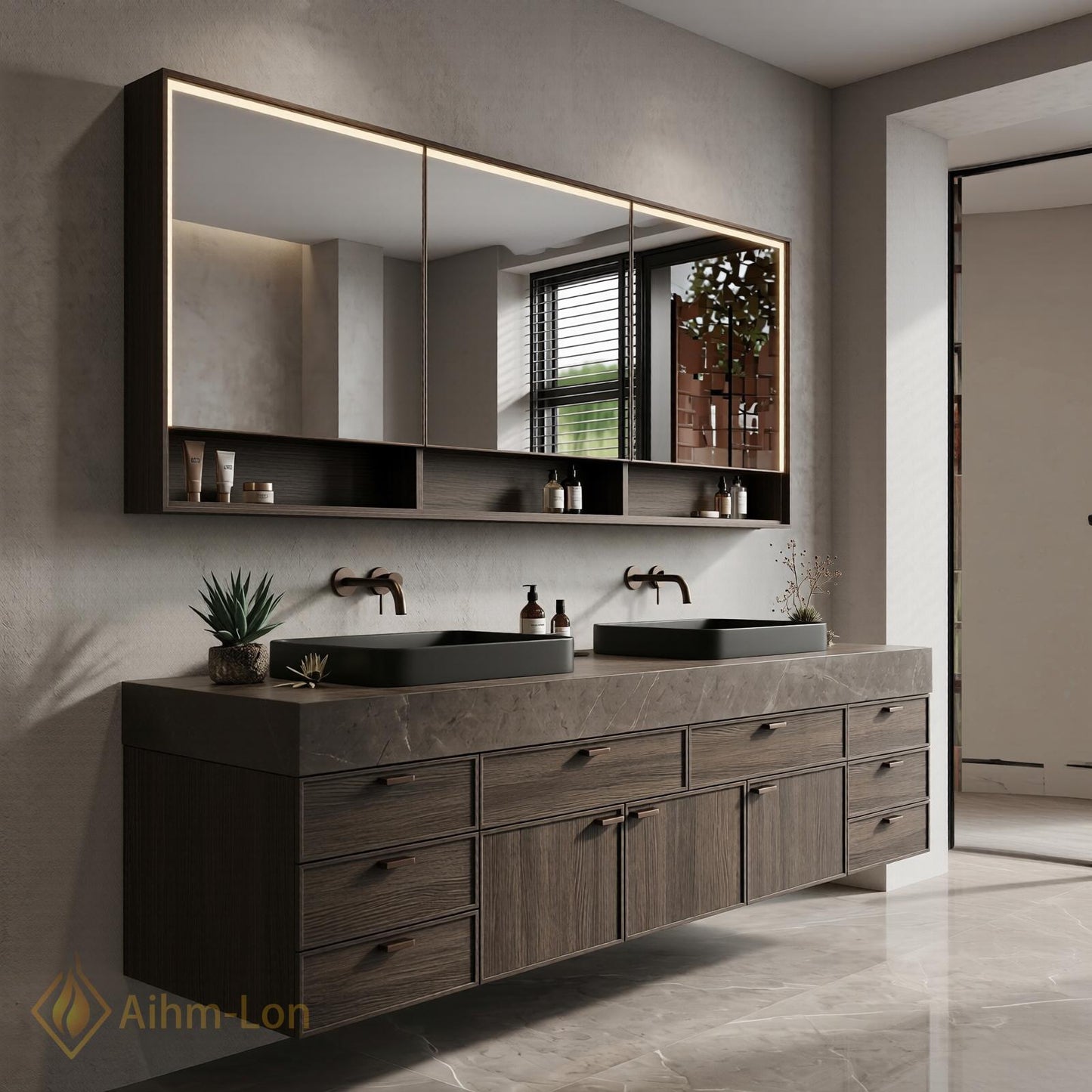 72''-96'' Double Bathroom Vanity with Sink Dark-Walnut Floating Grain Drawer Storage