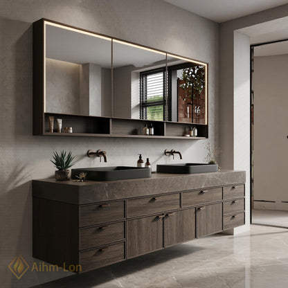 72''-96'' Double Bathroom Vanity with Sink Dark-Walnut Floating Grain Drawer Storage