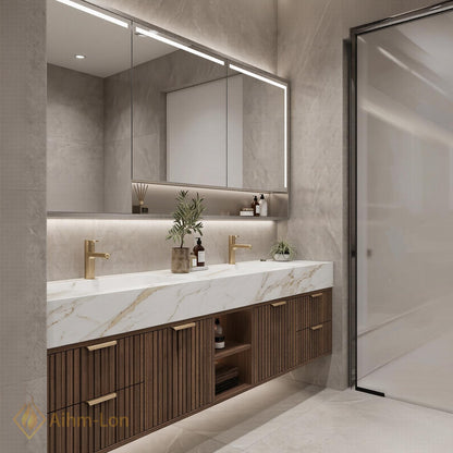 72''-96'' Double Bathroom Vanity with Sink Dark-Walnut Floating Slatted-Panel Dark