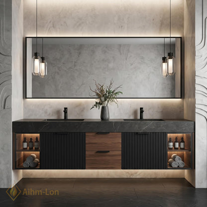 60''-96'' Double Bathroom Vanity with Sink Dark Black Modern Floating Stone-Top