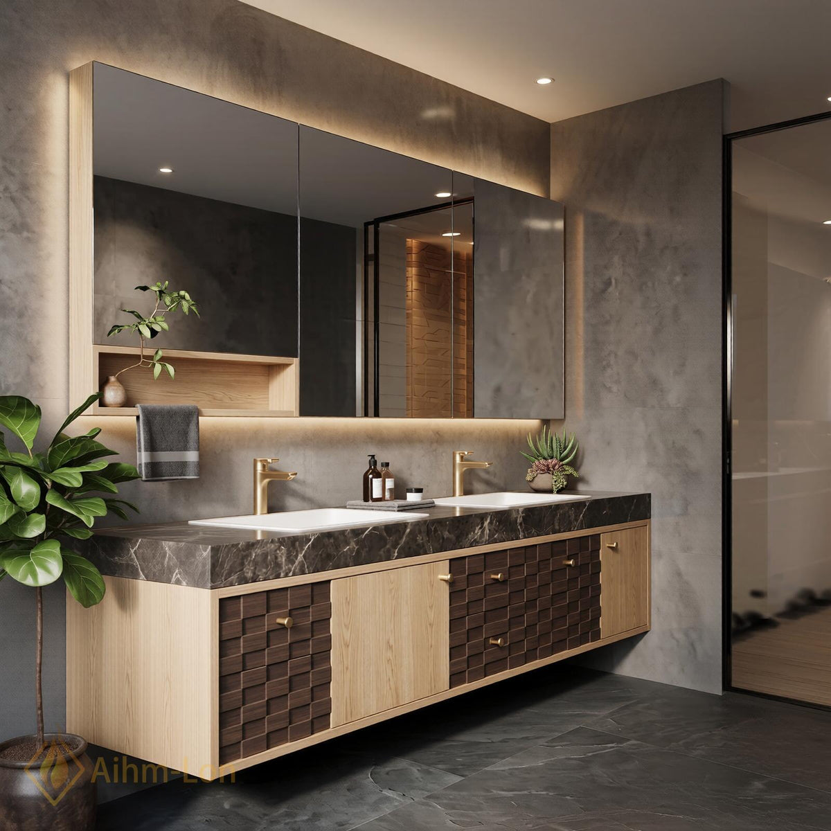 60''-96'' Double Bathroom Vanity with Sink Floating Dark Stone Geometric Drawer Fronts