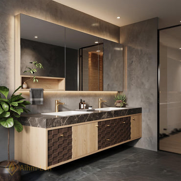 60''-96'' Double Bathroom Vanity with Sink Floating Dark Stone Geometric Drawer Fronts