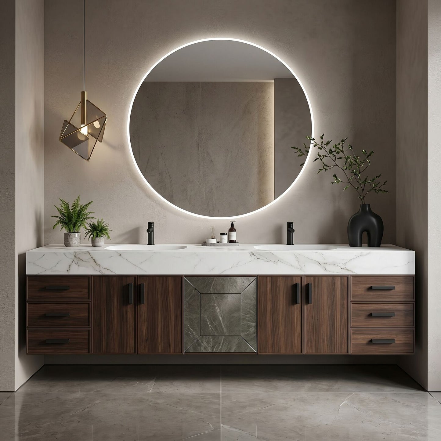 78''-96'' Modern Bathroom Vanity with Sink Double Sink Dark Wood Frame Round Mirror Cabinet