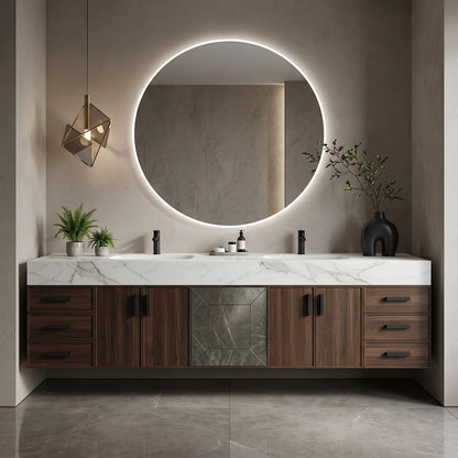 78''-96'' Modern Bathroom Vanity with Sink Double Sink Dark Wood Frame Round Mirror Cabinet