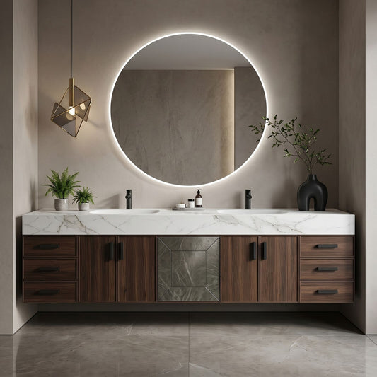 78''-96'' Modern Bathroom Vanity with Sink Double Sink Dark Wood Frame Round Mirror Cabinet