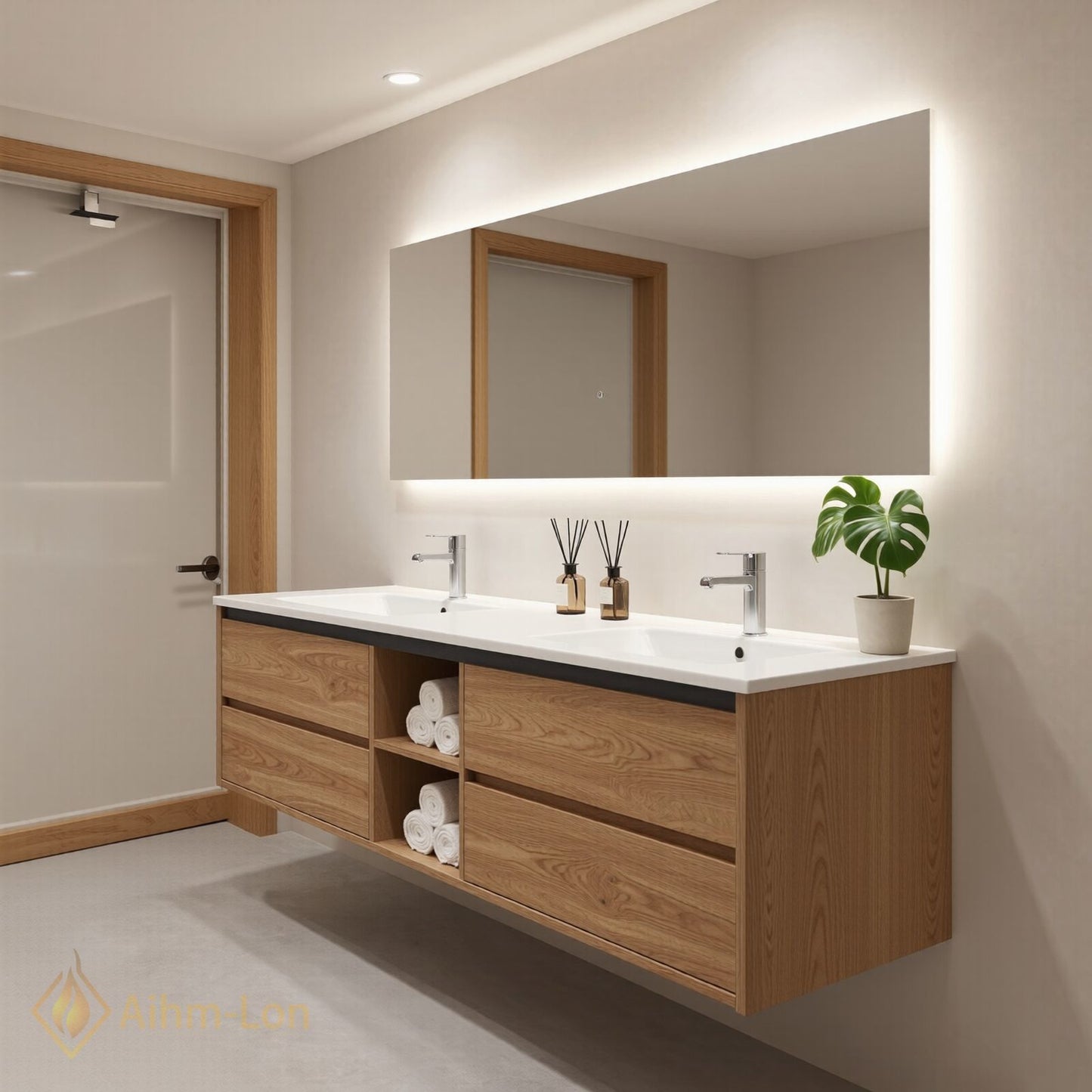 60''-96'' Floating Bathroom Vanity with Sink Double Sink Wood Grain Open Center Cabinet